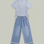 Ensemble 2 Pièces Fille – Top Superposé & Jean Large Brodé (Bleu Ciel)