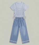 Ensemble 2 Pièces Fille – Top Superposé & Jean Large Brodé (Bleu Ciel)