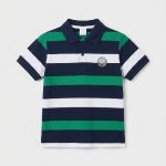 Polo à rayures tricolores pour enfant – Bleu marine, Vert & Blanc