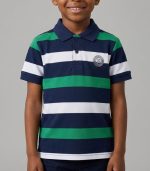 Polo à rayures tricolores pour enfant – Bleu marine, Vert & Blanc – Image 2