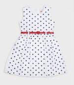 Robe Fille Blanche à Pois Bleu Marine avec Ceinture Rouge – Image 2