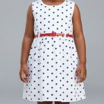 Robe Fille Blanche à Pois Bleu Marine avec Ceinture Rouge