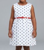 Robe Fille Blanche à Pois Bleu Marine avec Ceinture Rouge
